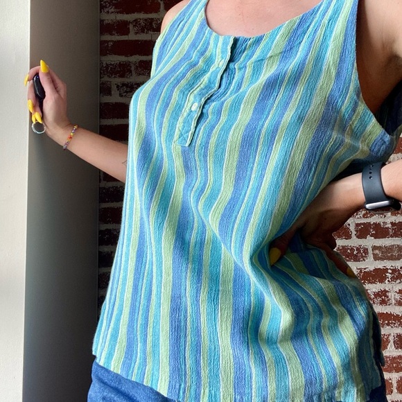 Linen blend blue and green striped tank - Picture 3 of 7